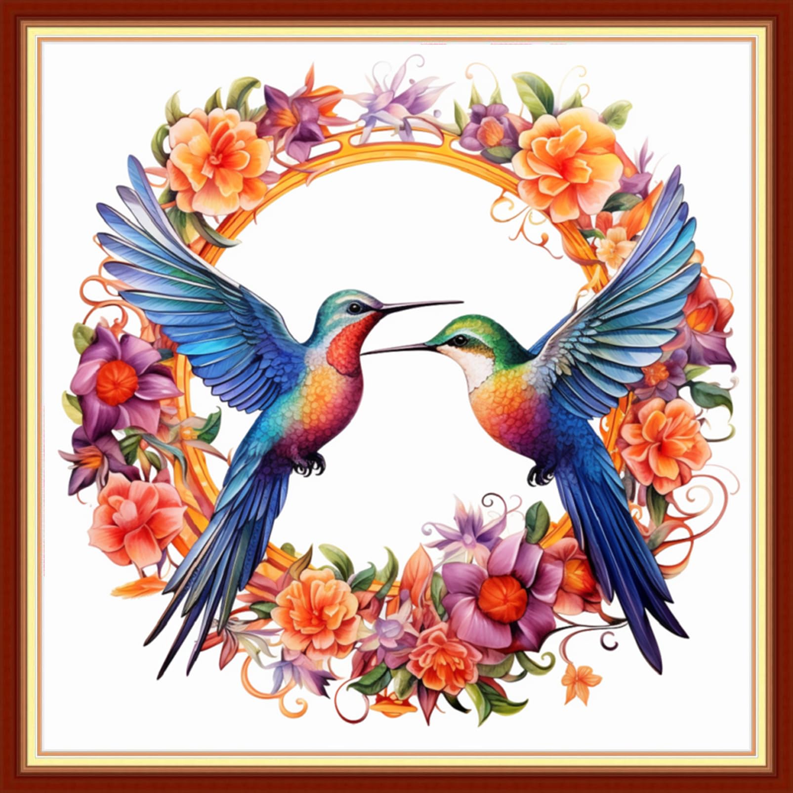 Joyhoor Stamped Cross Stitch Kits for Beginners Needlepoint Kits for Adults Embroidery Kits 11CT Counted Cross Stitch Kits Printed Embroidery Pattern-Wreath Hummingbird 18x18 inchs