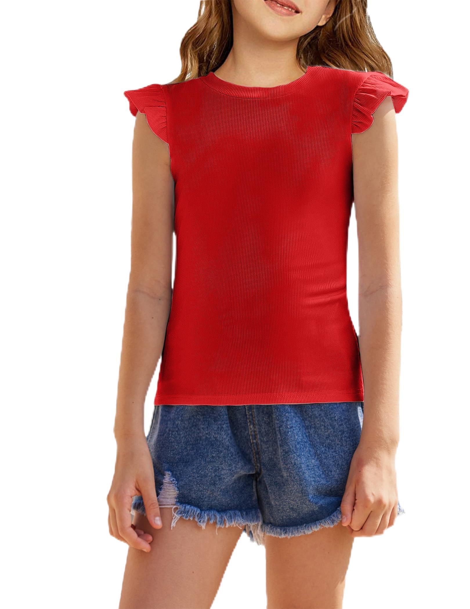 Flypigs Girls T Shirts Ruffle Sleeve Summer Casual Ribbed Knit Crewneck Tee Tops Blouses