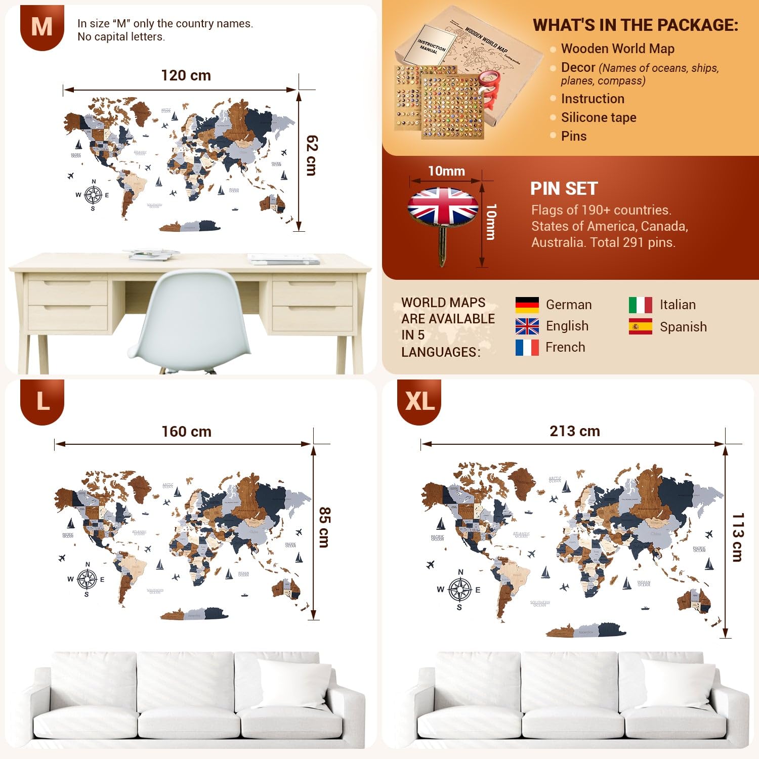WOW WOOD Mappamondo in Legno in Inglese - 3D Scuro per lo Studio | Betulla multistrato, 324 pin con bandiere, 120x62 cm, tono espresso, montaggio adesivo, regalo aziendale che resta al muro
