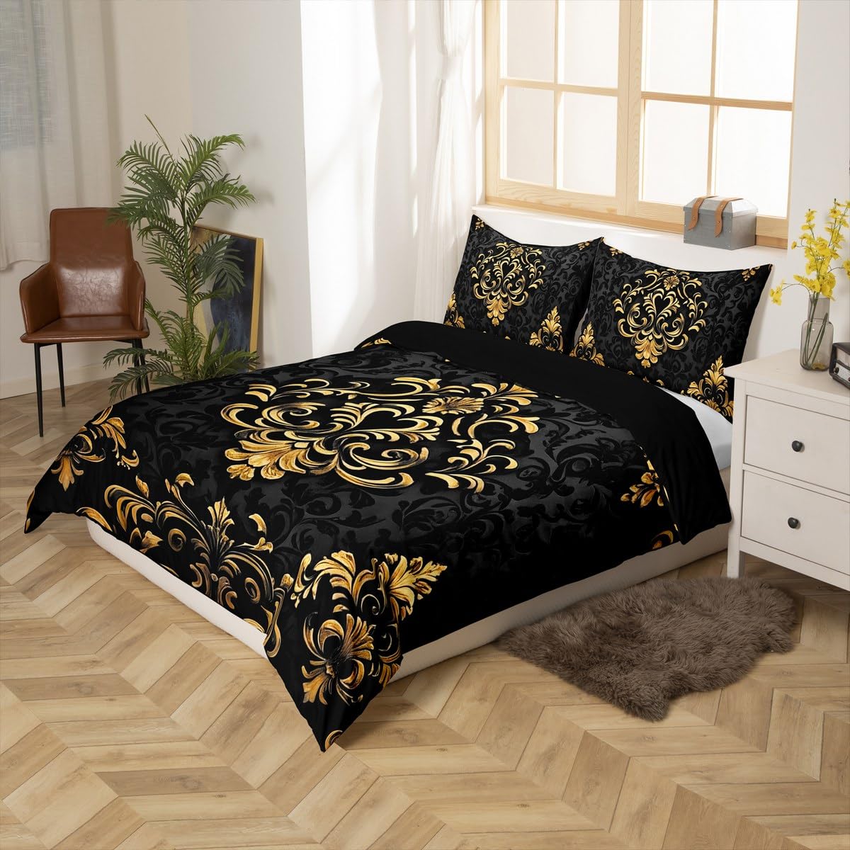 Homewish Damast Bettwäsche Vintage Exotic Gothic Bettwäscheset 200x200 Boho Schwarz Gold Bettbezug für Kinder Männer Frauen Erwachsene,Viktorianische Barock Blumen Schlafzimmer Dekor Mikrofaser
