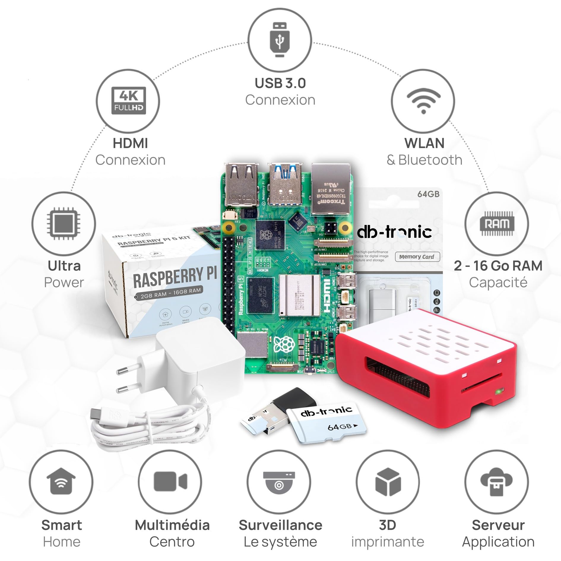 db-tronic Raspberry Pi 5 4 Go Cooler Kit | Édition 64 Go | Alimentation 27 W | Boîtier Airflow | Refroidissement Actif | Micro HDMI | idéal pour Home Assistant et Le Smart Home