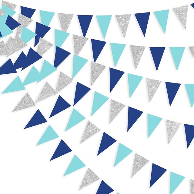 30 Feet Nautical Glitter Paper Triangle Flag,Bunting Pennant Banner for Baby Birthday Shower/Ahoy/Achor/Pirate Theme Party Supplies Decorations(Blue and Silver)
