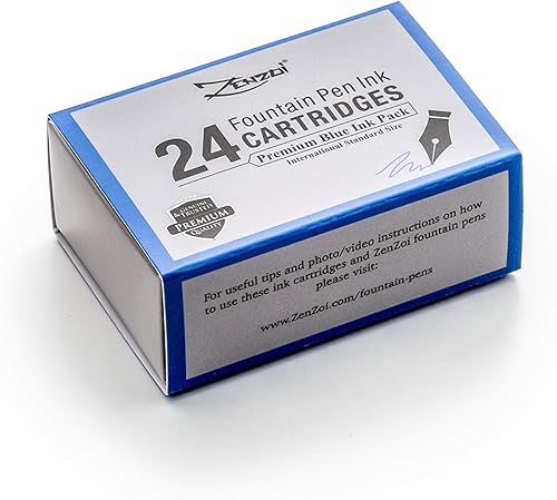 ZenZoi Recambios de cartucho de tinta para pluma estilográfica, 24 cajas azules de alta calidad, grado profesional, tamaño internacional, tinta no