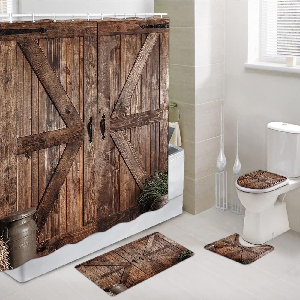 Rustic Barn Door Shower Curtain Sets, Farmhouse Arts Bath Curtains, Vintage Countryside Wood Board Bathroom Decor Curtain Sets with Non-Slip Rugs,