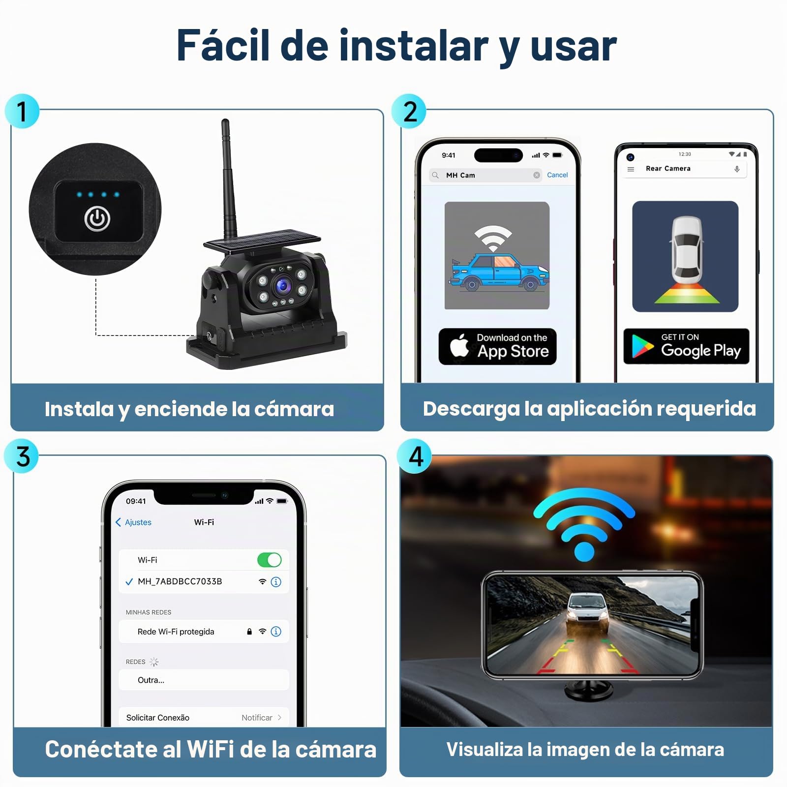 Podofo Cámara Trasera inalámbrica WiFi Estable, cámara de Marcha atrás 1080P con Impermeable, Carga Solar, Base magnética, cámara Recargable de Ayuda a la Marcha atrás para camión/Remolque/RV