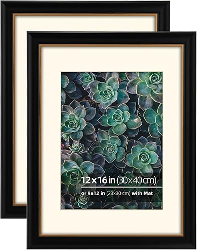 Paquete de 2 portarretratos retro vintage de madera maciza de 12 x 16 pulgadas, color negro y dorado, 2 tonos, para fotos de 9 x 12, dibujos,