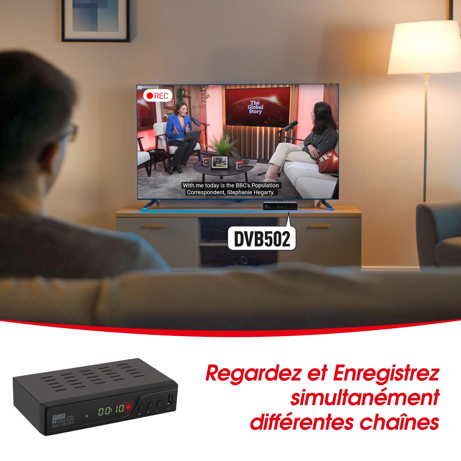 August DVB502 - Décodeur TNT HD avec Disque Dur de 256GB - TNT HD Double Tuner pour Regarder et Enregistrer simultanément, Guide TV sur 7 Jours, HDMI 1080P, Timeshift et Contrôle du Direct