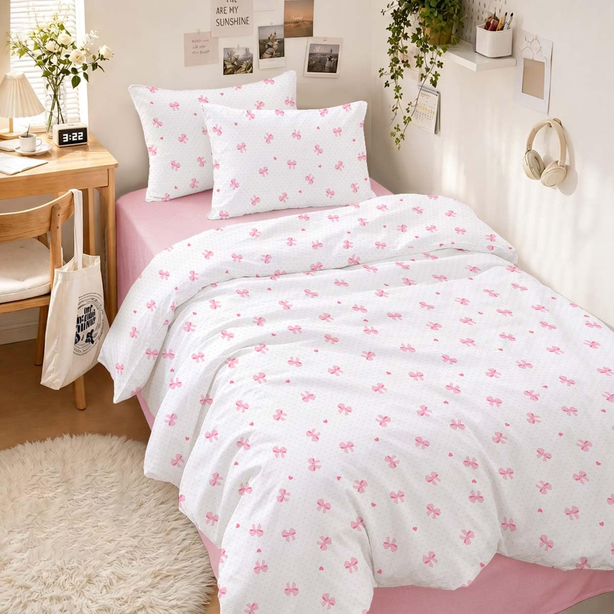 Nayoroom Cotton Comforter Set Queen Girls Pink Bow Dorm Bedding | OEKO-TEX Certified, All Season, Soft Lightweight Breathable, Cute Coquette Cottagecore Comforter, Feminine Bedroom Guest Room