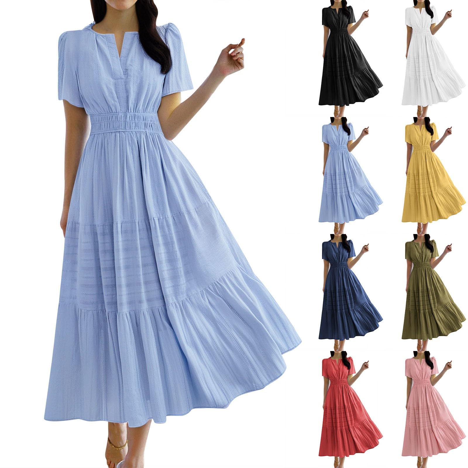 Vestido Mujer Verano Casual Maxi Vestido Largo 2025 Manga Corta Cuello en V Cintura Elástica Elegante Boho Flowy Vestidos Largos Mujeres Ligero Y Ventilado Vestido de Playa Holgado Vestidos Casual