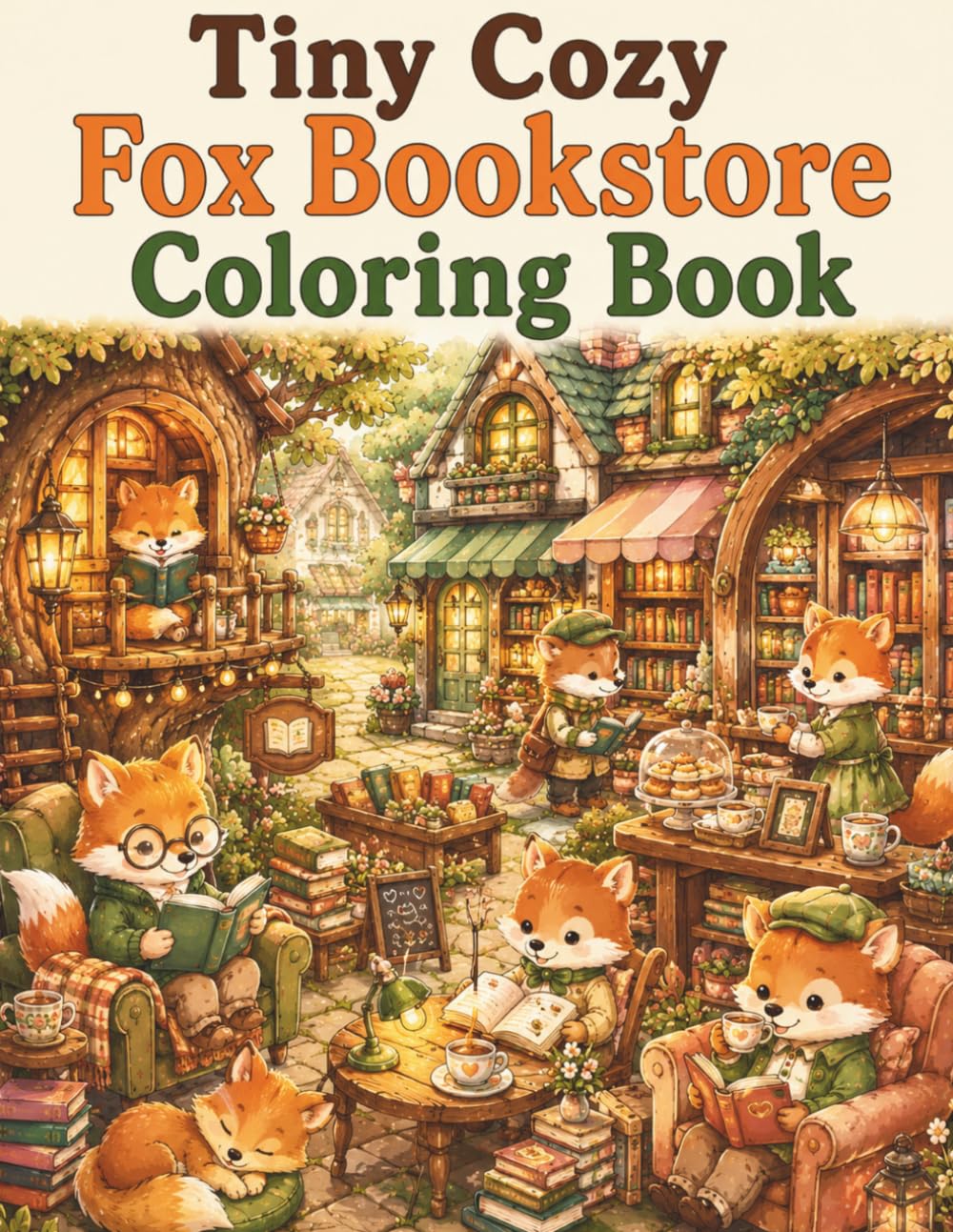 Tiny Cozy Fox Bookstore Coloring Book: Cute and Easy Fox Coloring Pages with Cozy Bookshops, Reading Corners, Coffee Moments, Cottagecore Libraries and Relaxing Woodland Scenes for Adults and Teens
