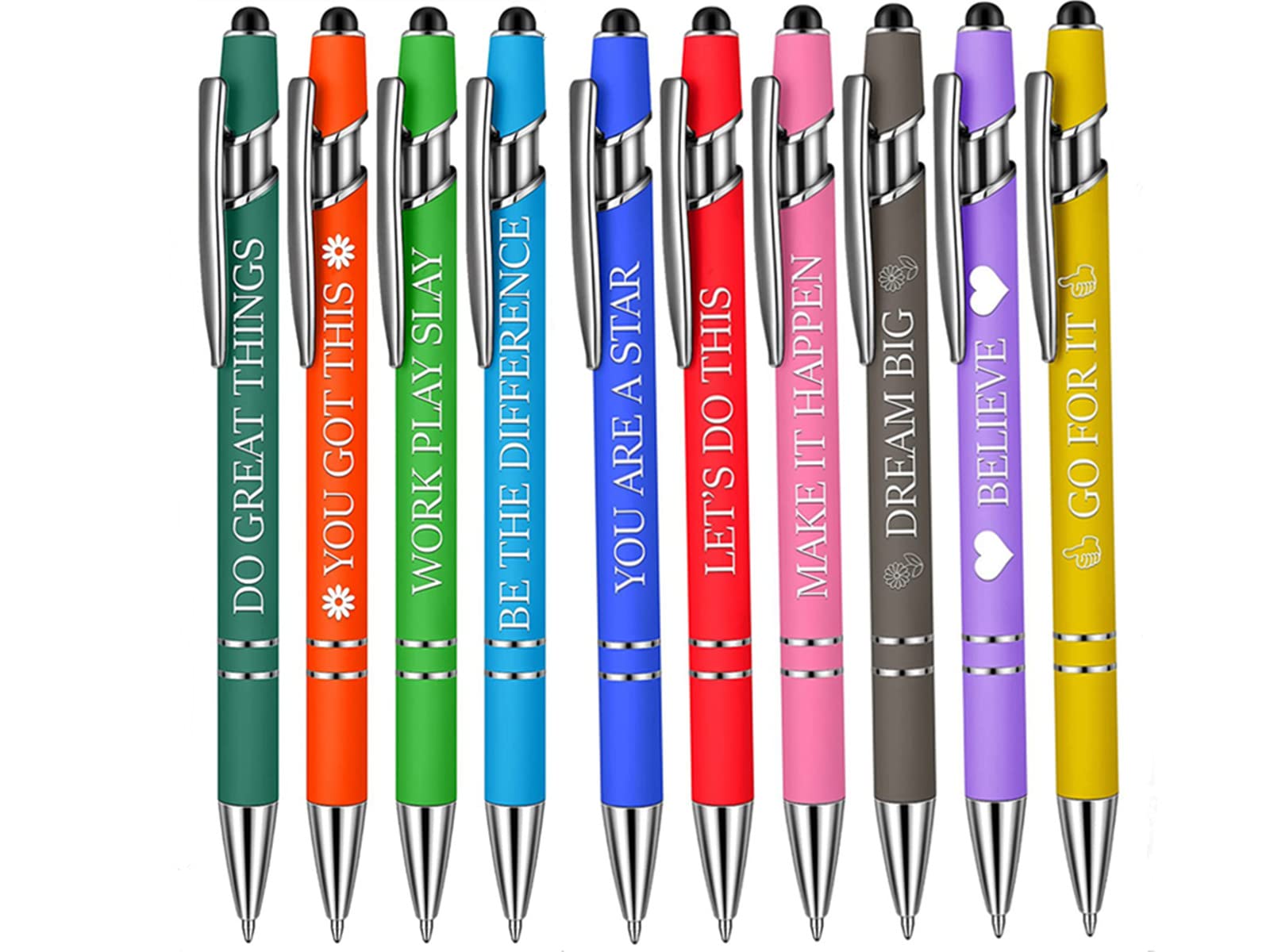 10 Pieces Motivational Inspirational Pen Quotes Pen Ballpoint Pen with Stylus Tip Pen Encouraging Stylus Pen Messages Pen Inspirational Pen Set Metal Black Ink (Encouraging)