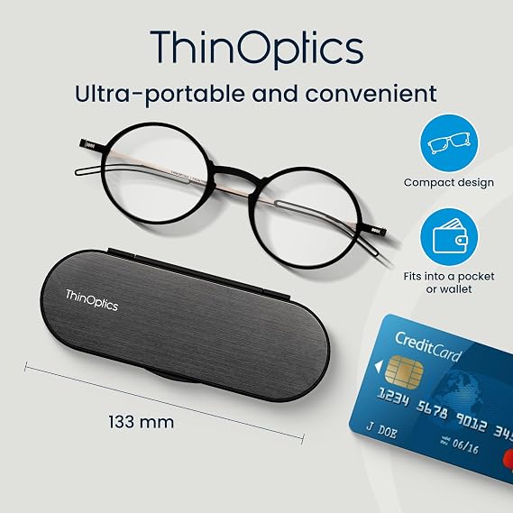 ThinOptics Reading Glasses, 1.0 to 2.5, 4mm Case, Armless Nose Clip, Unisex