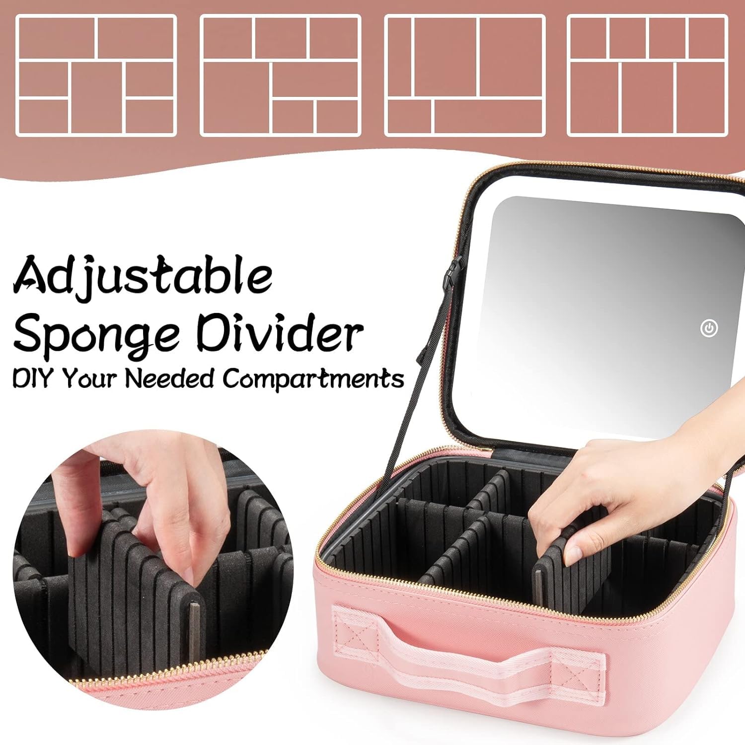 Friza Travel Makeup Case With Led Light Mirror, Waterproof Vanity Bag With 3 Adjustable Color Brightness Cosmetic Bag Train Case Organizer With Adjustable Dividers (Pink) - Image 4 thumbnail