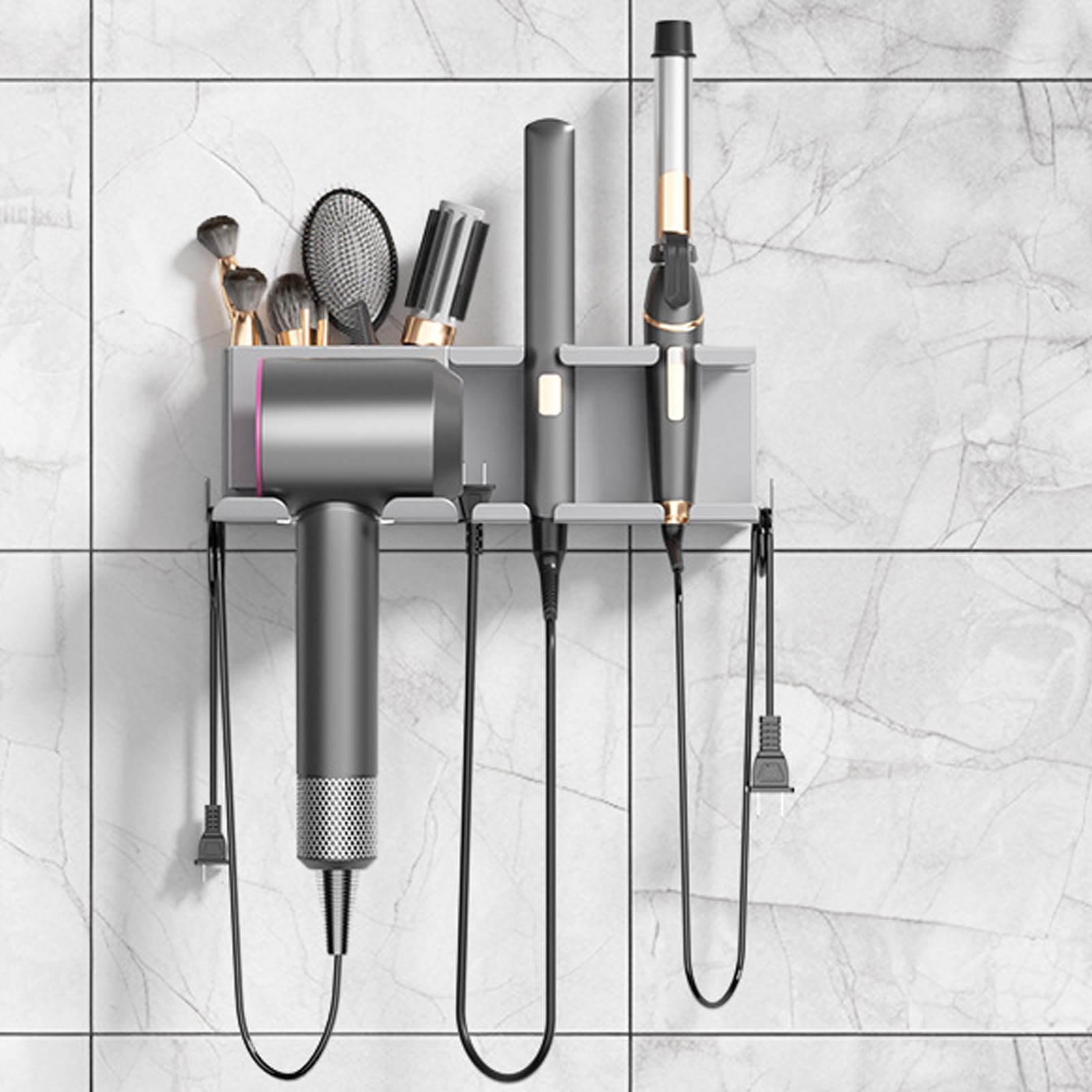 Materiales de Acero Carbono Colgador y Estante de Doble función Acabado Inoxidable para Styli Portaherramientas para Cabello Profesional Estante Multifuncional para secador de