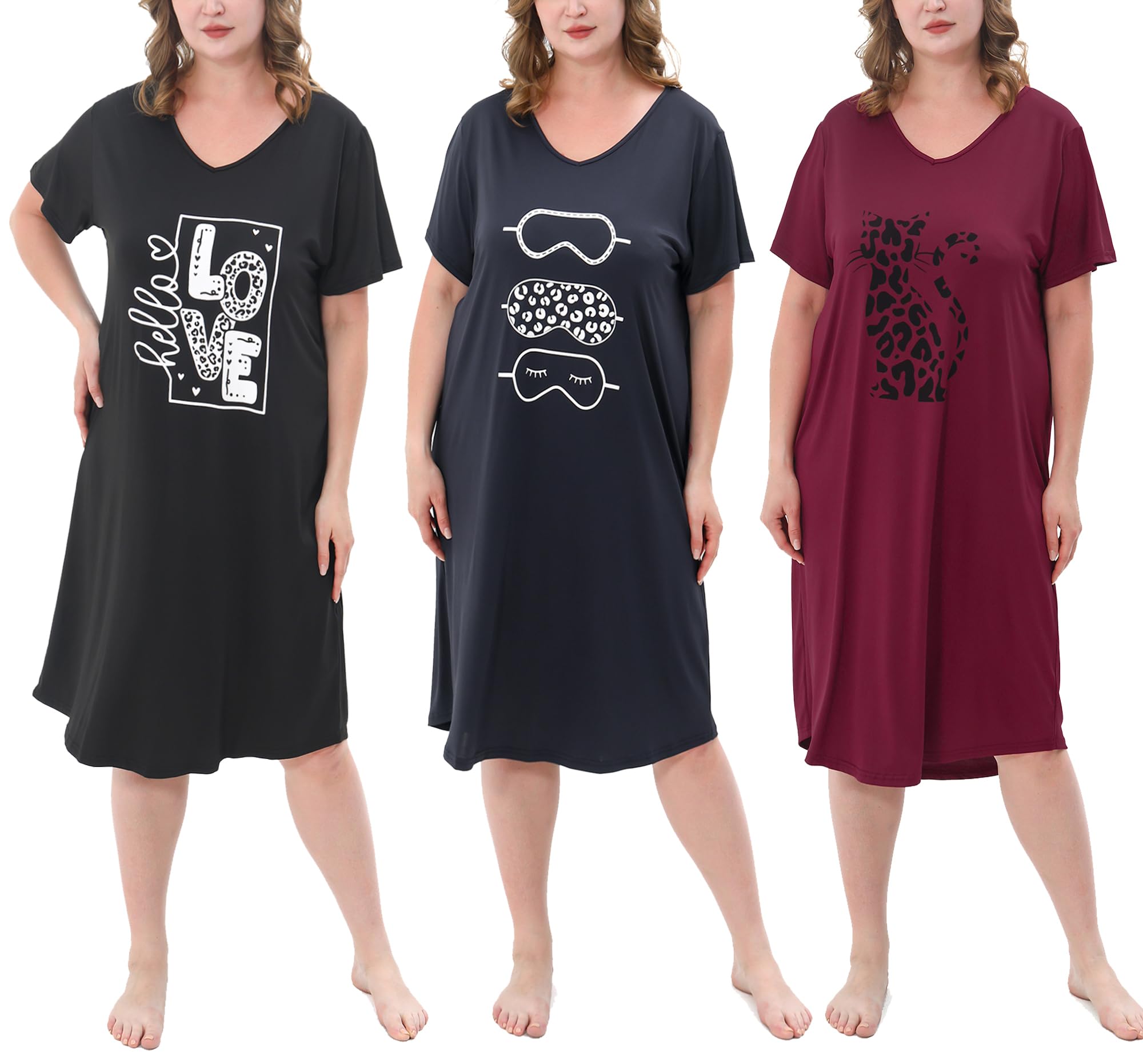 FEREMO3 Pack Plus Size Women's Nightgown Soft Print Nightshirts for Women Short Sleeve Sleepwear