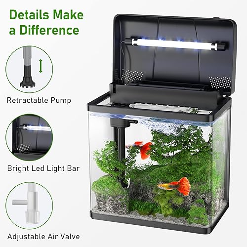 Miniatura 4 de PONDON Fish Tank, acuario de vidrio de 1.7 galones con bomba de aire, luz LED y filtro, tanque de peces pequeño para kit de iniciación de peces