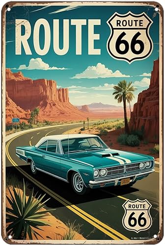 Miniatura 1 de Route 66 Classic Car - Letrero de metal con estampado de autopista americana, decoración estética de habitación para el hogar, dormitorio, cocina,