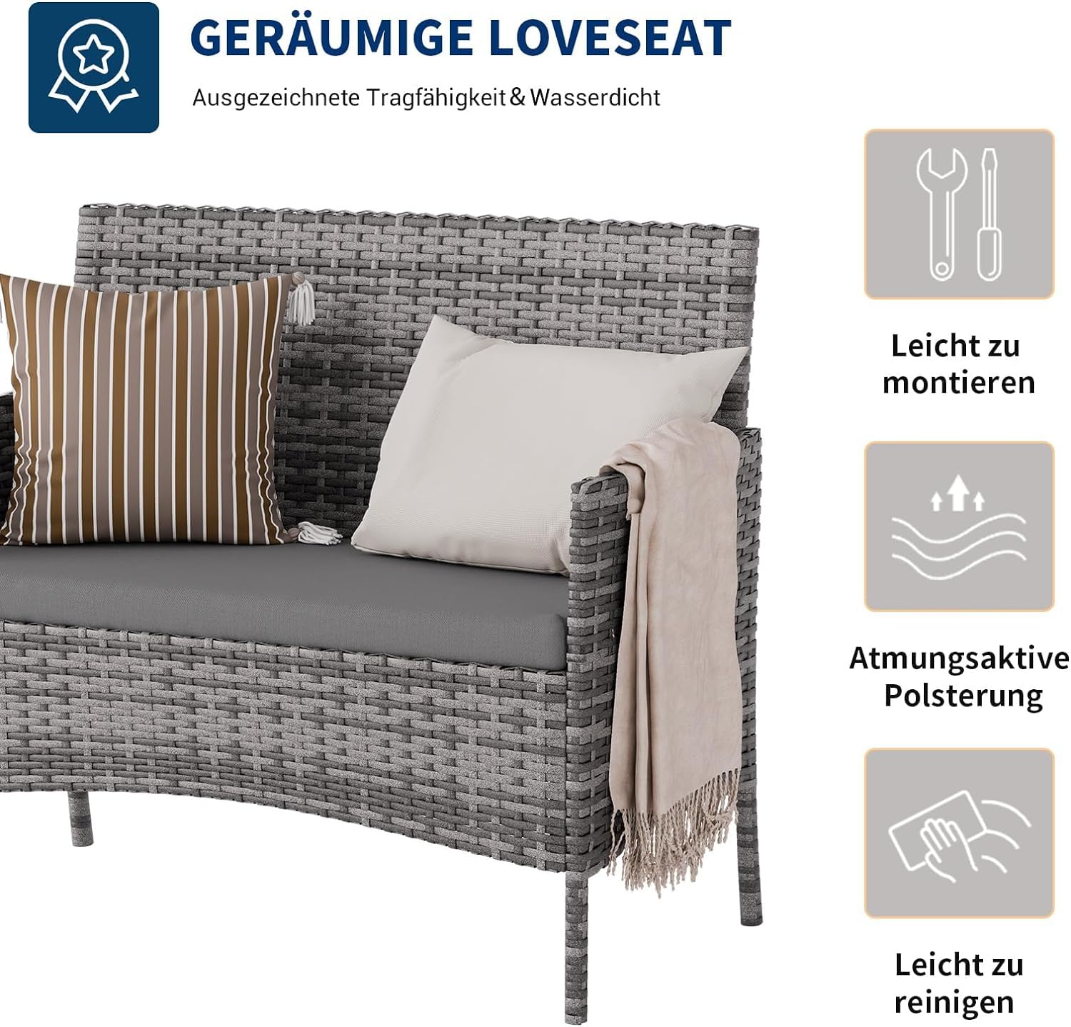 UDPATIO Polyrattan Sitzgruppe Fort 4 Personen Tisch mit 2er Sofa, 2 Stühle & Sitzkissen für Terrasse, Balkon, Garten, Balkonmöbel Rattan Gartenmöbel Set, Grau-meliert & Dunkelgraue Bezüge