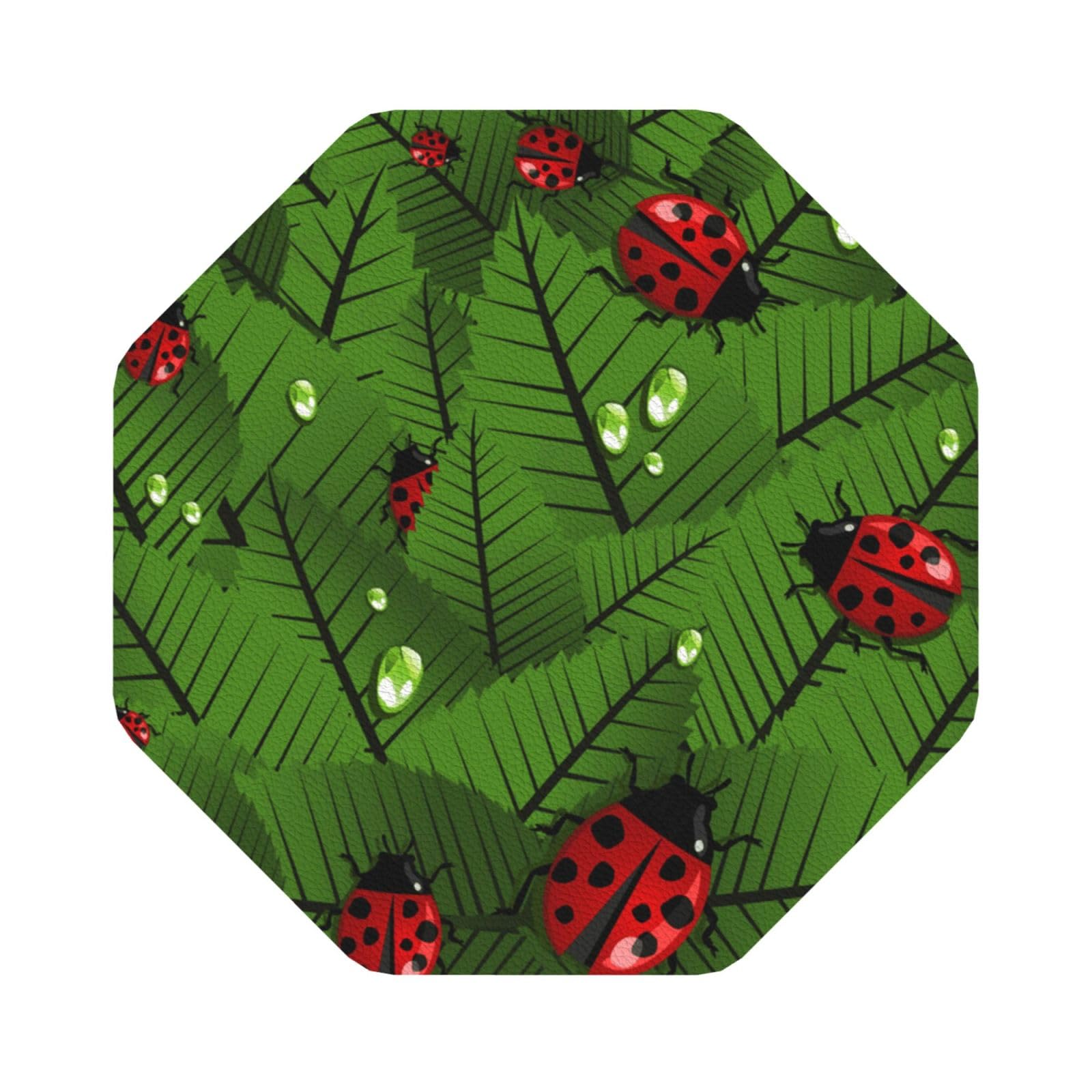 Leaves and Ladybugs PU Leather Coasters Set of 6 Octagon Drink Coasters