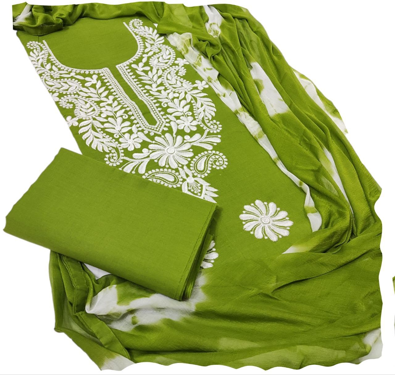 Women Designer Lucknowi Embroidered Pure Cotton Unstitched Salwar Suit Dress Material with Printed Chiffon Dupatta (Free Size)-image-23