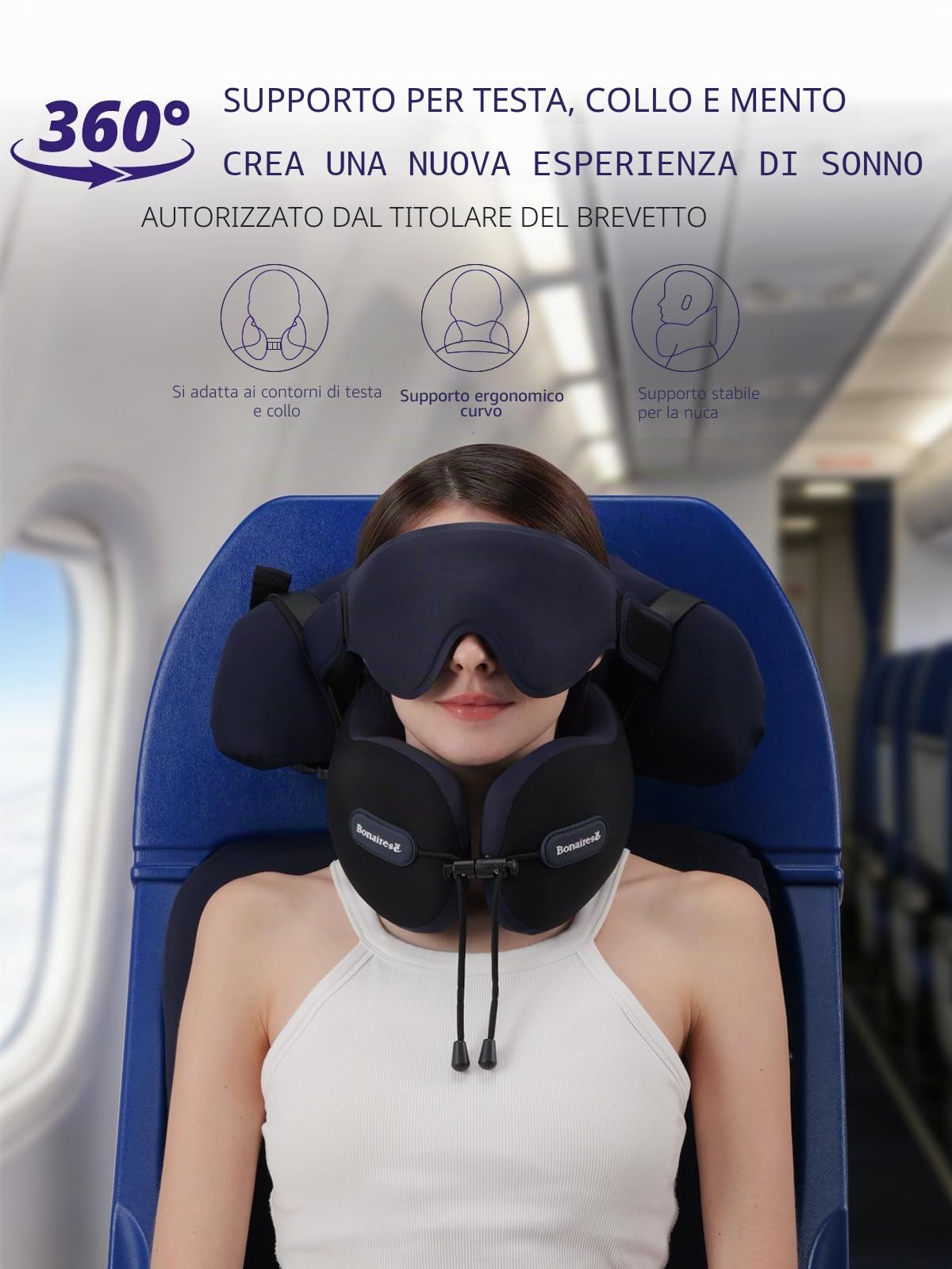 Cuscino da Viaggio per Aereo con Mascherina e Fascia di Supporto | Cuscino Cervicale per Voli e Viaggi su Strada, Supporto a 360° per testa, collo e mento, Accessorio Viaggio, Grigio & Rosso