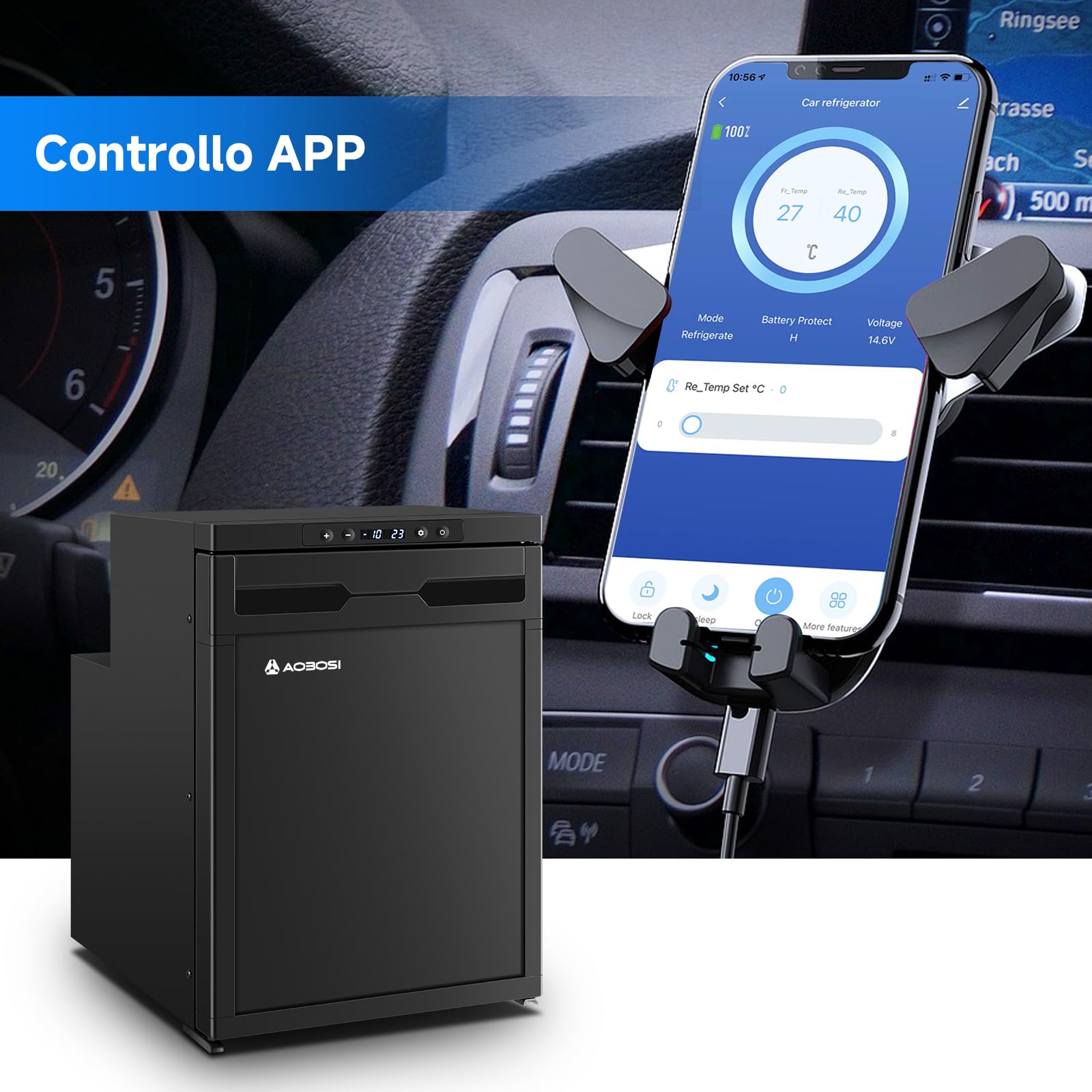 AAOBOSI 45L Frigo Portatile Elettrico, Frigo da Campeggio con APP, 12V/24V | Due Zone, Luci LED, Fino a -20°C, Frigorifero Portatile, per Auto, Camion, SUV, Camper, Barche, Campeggio e Viaggi