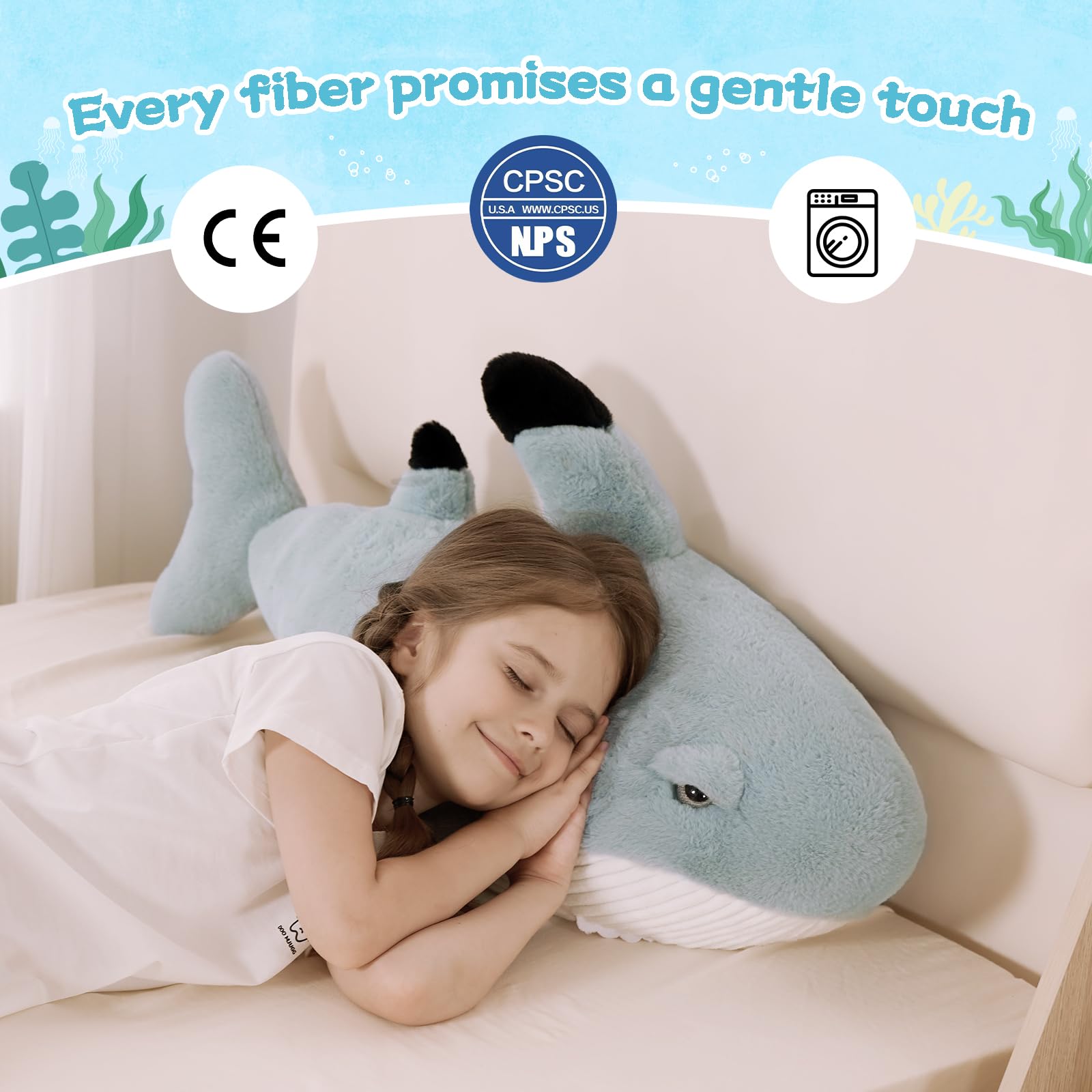 KERTA 32inches Shark Stuffed Animals, 2.6ft Large Gray Stuffed White Shark Plush Body Pillow for Girls Boys, Realistic Ocean Plush Toy Birthday Party Decora Gift for Adults 3