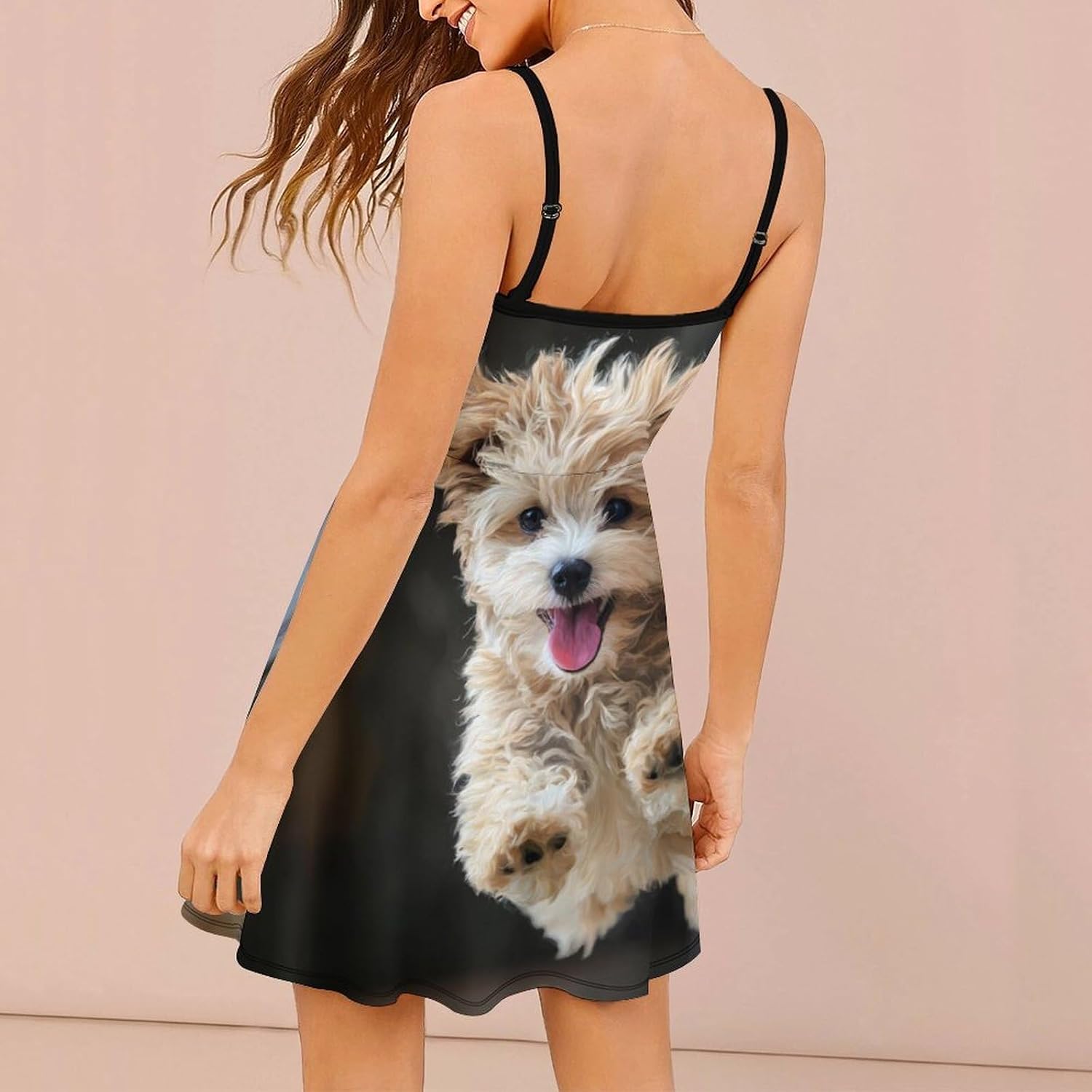 Cute Poodle Short Cami Dress for Women Adjustable Spaghetti Strap Flowy Sundress Beach Vacation