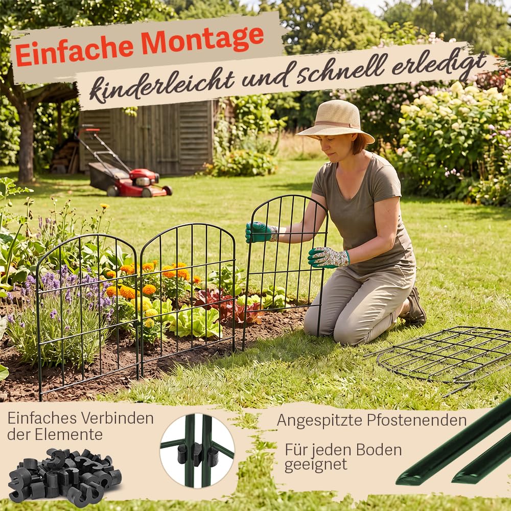 Zaun Gartenzaun Steckzaun Hundezaun Teichzaun für Garten Teich 10 Zaunelemente 43 cm hoch Metall Gitterzaun Oberbogen V2Aox, Schwarz