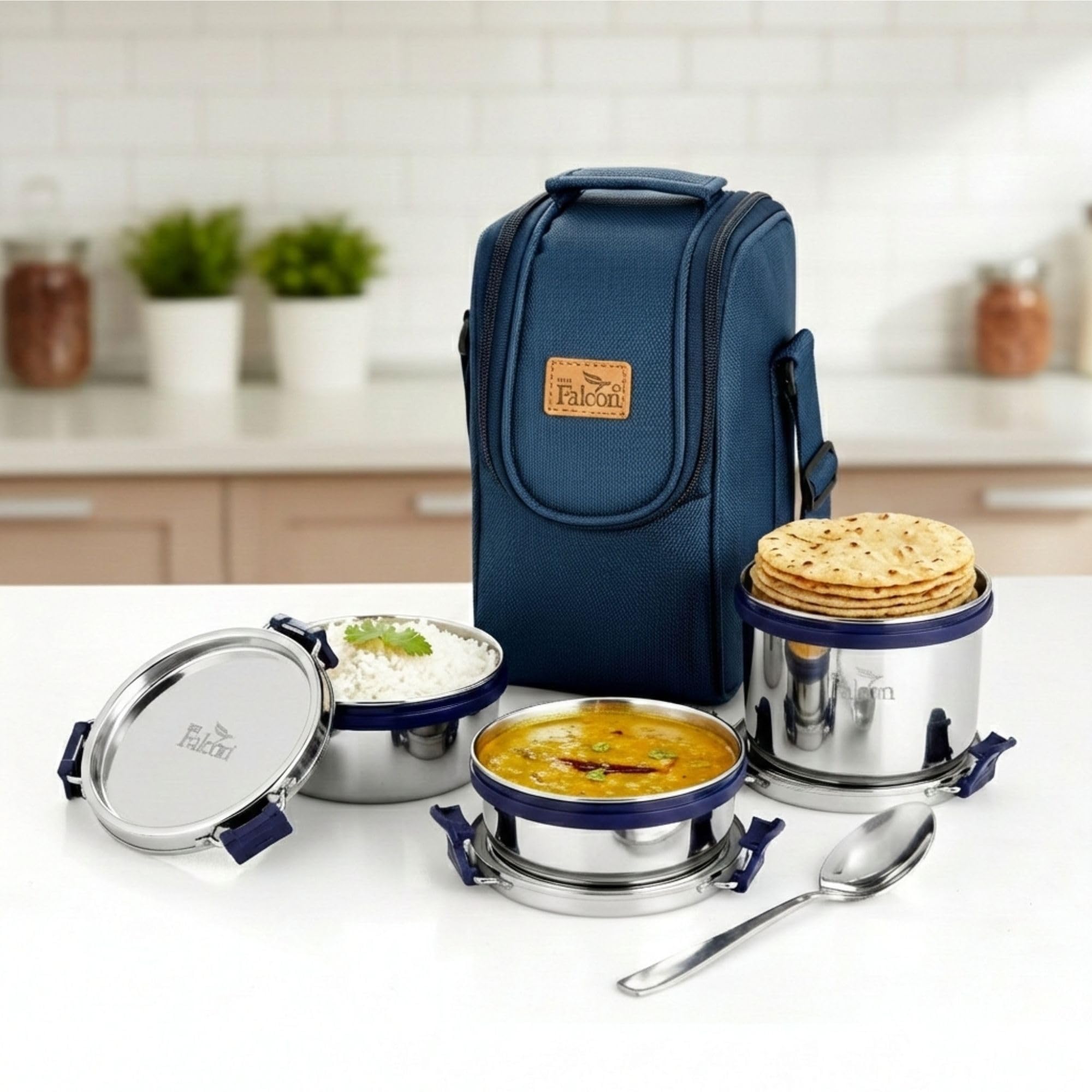 Stainless Steel EcoNxt Clover Lunch Box Set of 3 with Insulated Bag, BIS Certified, Jindal Seal & Made in India Lunch Box (Navy Blue - 1000ml)-image-5