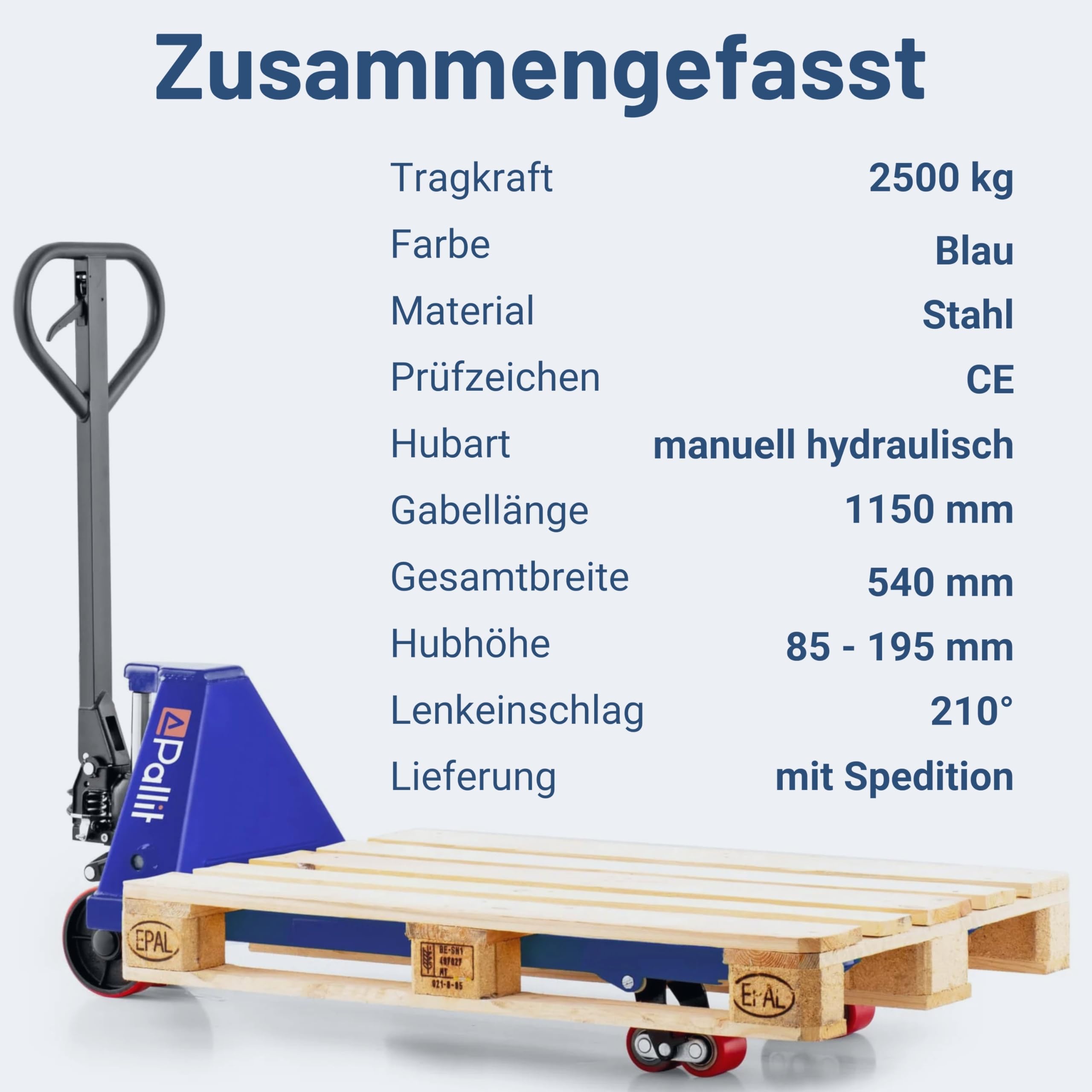 Pallit Five Hubwagen 2500 kg Palettenwagen 1150 mm Gabellänge Blau Robuster Gabelhubwagen mit PU Rollen Handhubwagen aus Stahl, langlebig