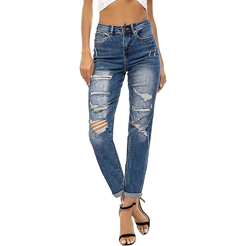 Resfeber Women's Ripped Boyfriend Jeans Stretch Distressed Jeans Capri Mom Jean with Hole