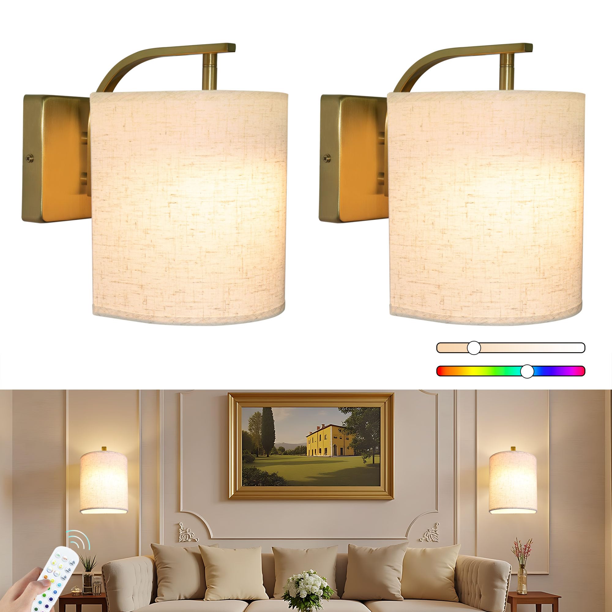 Laiebri Battery Operated Wall Sconces Set of 2 Rechargeable Wall Lights with Remote Dimmable Magnetic LED Bulbs12 RGB Colors and Timer Wireless