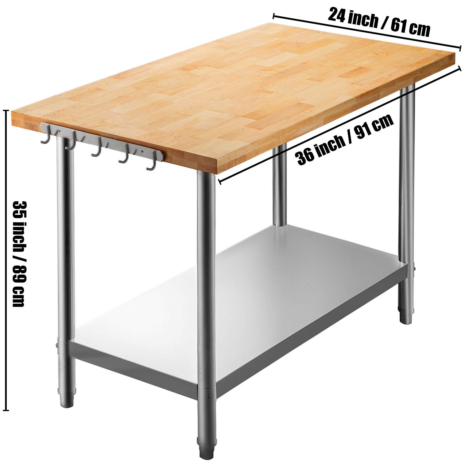 VEVOR Maple Top Work Table, Stainless Steel Kitchen Prep Table Wood, 36