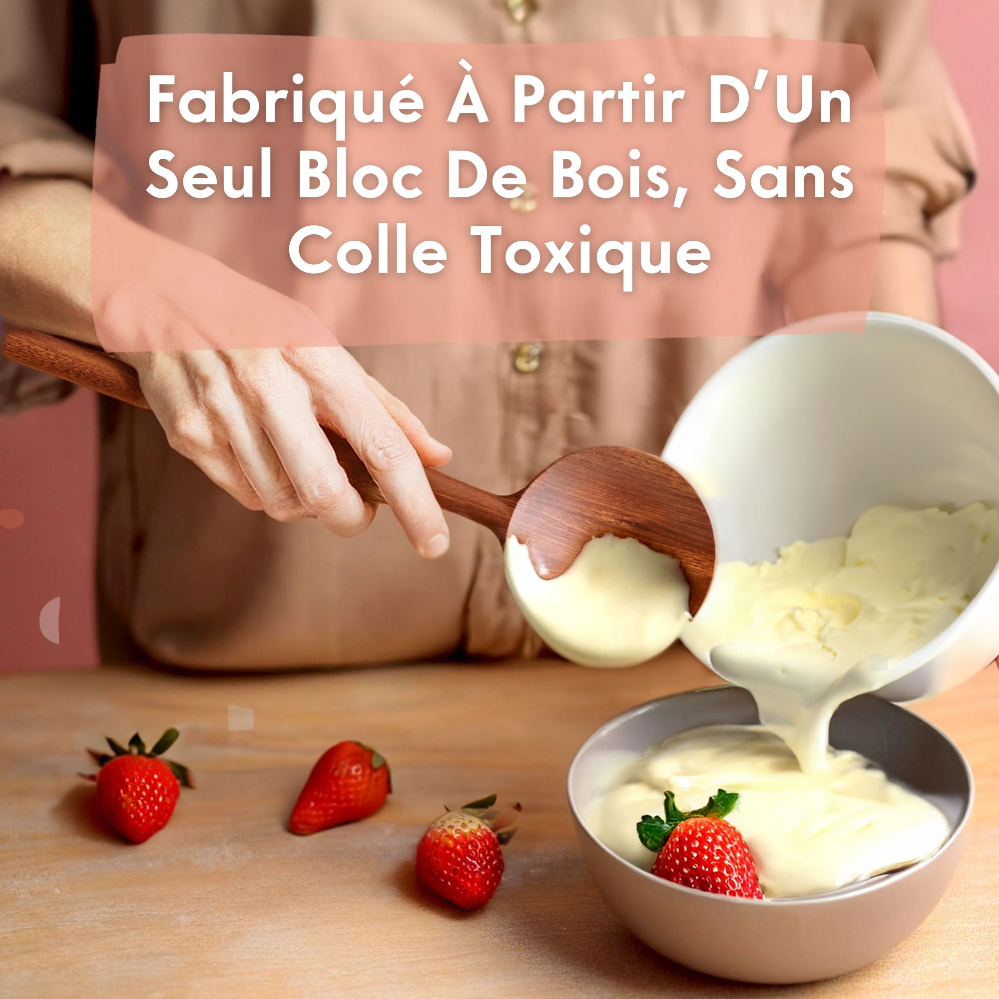 Lot de 6 ustensiles de cuisine en bois monobloc – Sans colle et cuillères en bois monobloc pour la cuisine, finition végétale, non toxiques et naturels