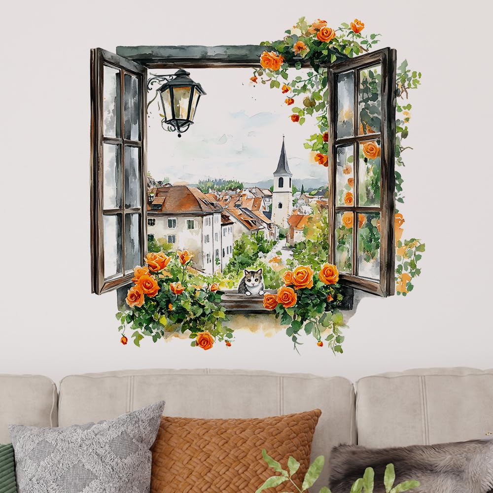 Flaxarne Watercolor Fake Window Wall Decal, European Town View with Orange Roses & Cat Wall Sticker for Bedroom Living Room, Removable 3D Window Effect Vinyl Wall Art