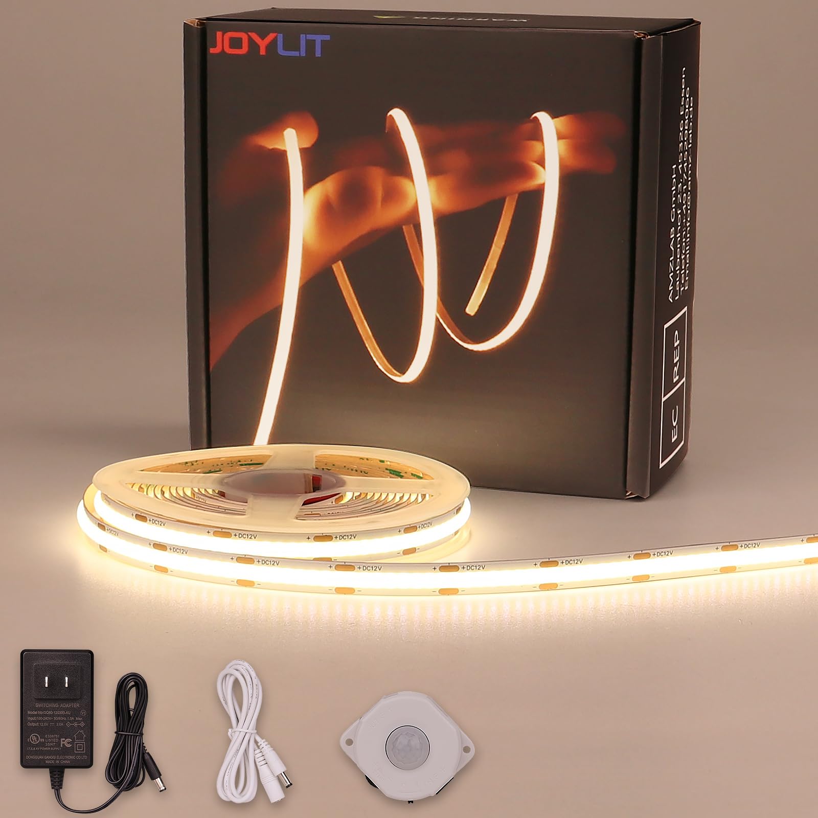 JOYLIT Motion Sensor LED Light Strip 4000K Natural White 16.4FT 15-300S Timing Off, Day or Night Lighting Modes 12V COB Dotless Tape Light for Closet, Cabinet, Stair, Mirror