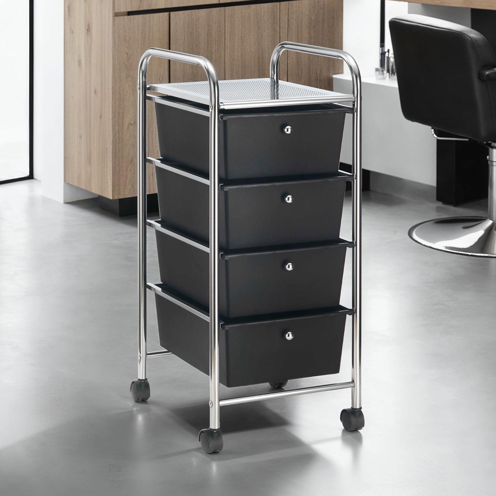 IDIMEX Caisson sur roulettes GINA Chariot avec 4 tiroirs en Plastique Noir et 1 étagère, Meuble de Rangement pour Salle de Bain en métal chromé