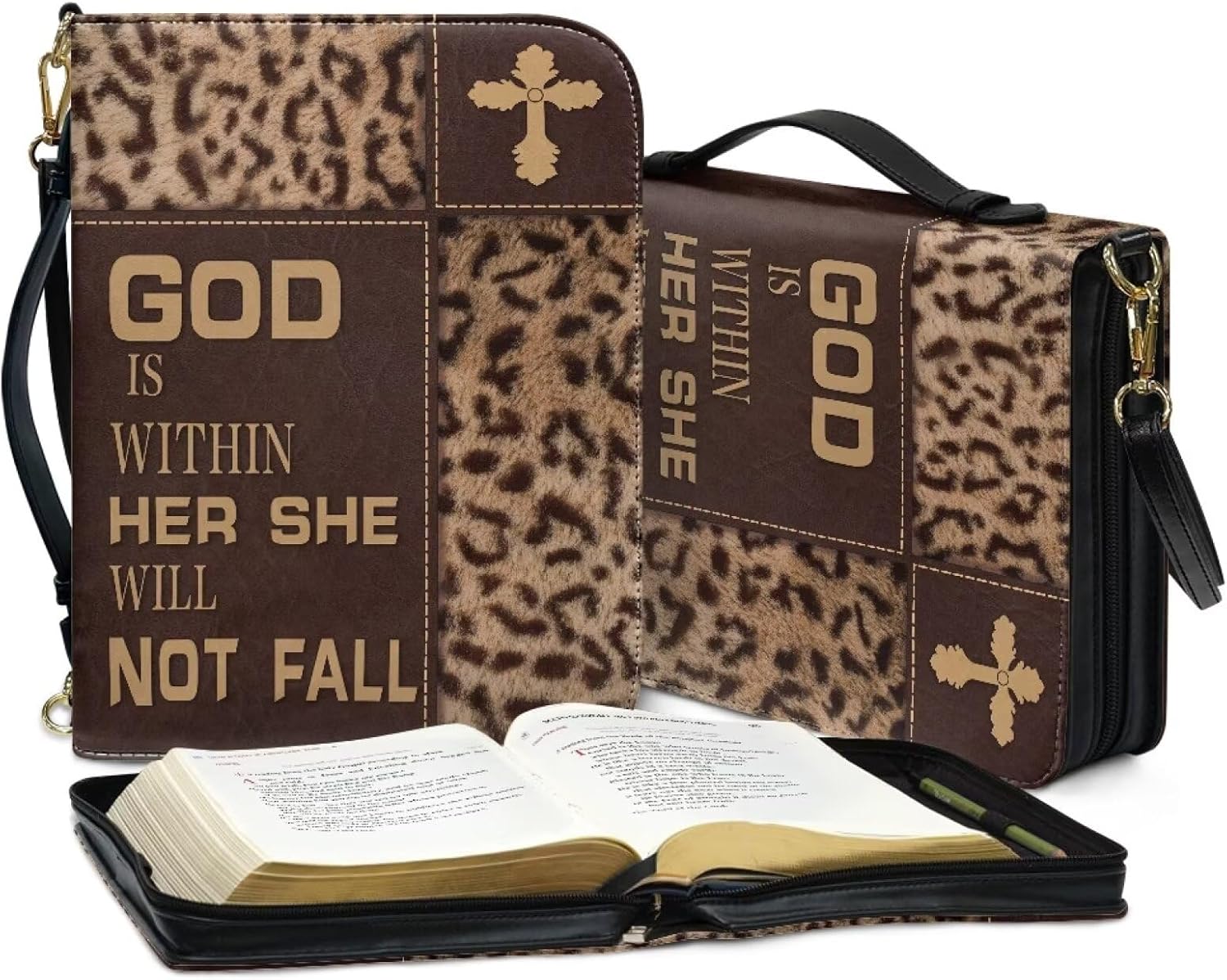 Talayituse Cross Leopard Print Bible Cover for Bible Study Supplies, God is Within Her Bible Case with Handle and Briefcase Strap, Lightweight Bible Tote Bag Waterproof Book Case for Women Men, 2XL