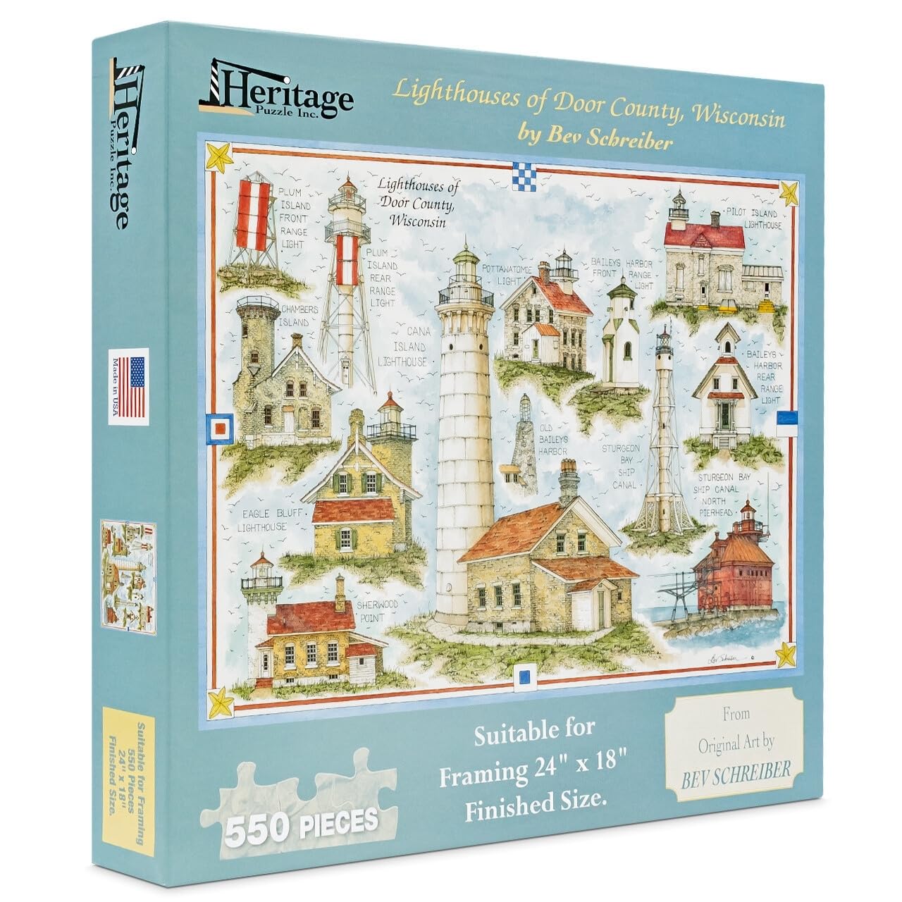 Heritage Puzzle - Lighthouses of Door County, Wisconsin by BEV Schreiber 550 Piece Puzzles for Adults - Scenic Coastal Art Jigsaw Puzzles - Frameable