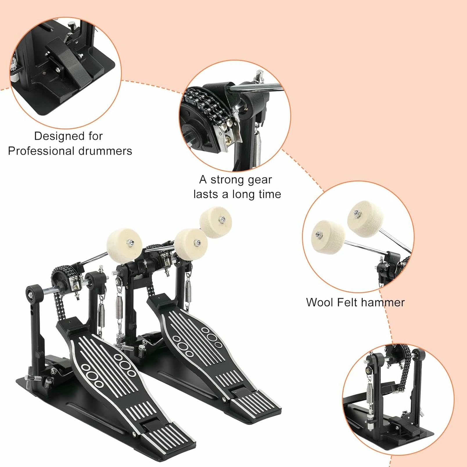Doppio pedale per grancassa, design a doppia catena per una maggiore flessibilità e trasferimento di potenza, adatto per grancassa e grancassa