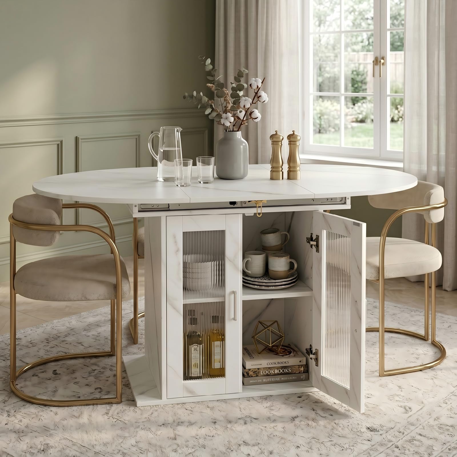 Tavolo da pranzo allungabile rotondo, 100-140 cm, tavolo da cucina con ripiani rimovibili, tavolo da pranzo rotondo ovale con vano portaoggetti, tavolo bianco per un piccolo frigorifero