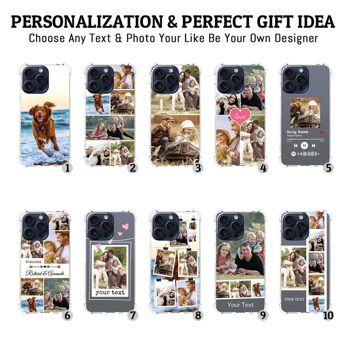Klsify Custom Multi Photos Collage Phone Case for iPhone 15 Pro Max Customized Personalized Multiple Image Text Picture Shockproof Protective Reinforced Corner Airbag Clear Soft Cover Shell