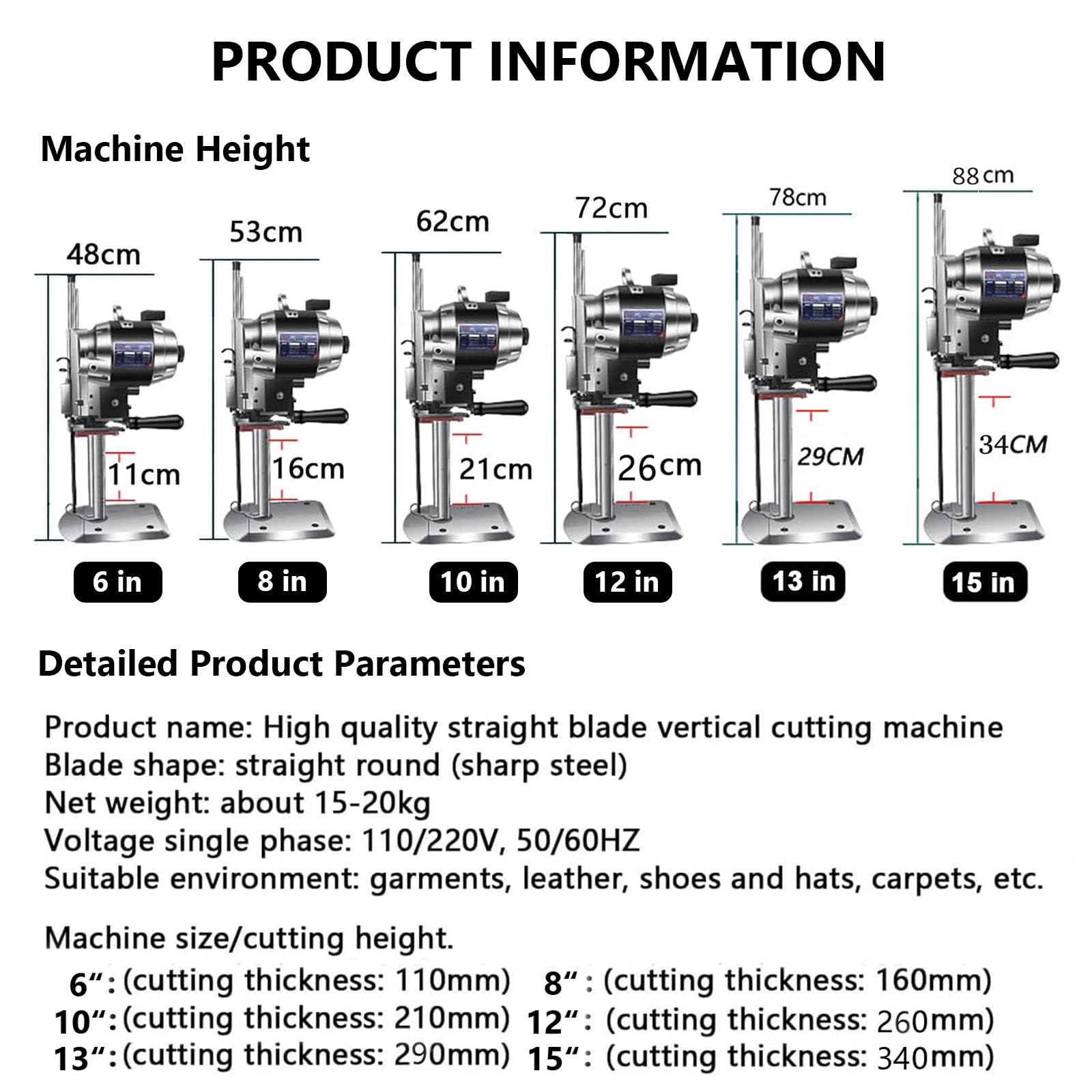 Taglia Tessuti Elettrica Verticale, 1100 W/1200 W Grande Taglia Tessuti Rotante Elettrico Panno, Macchina per Il Taglio Netto della Pelle, con Rettifica Automatica,6in