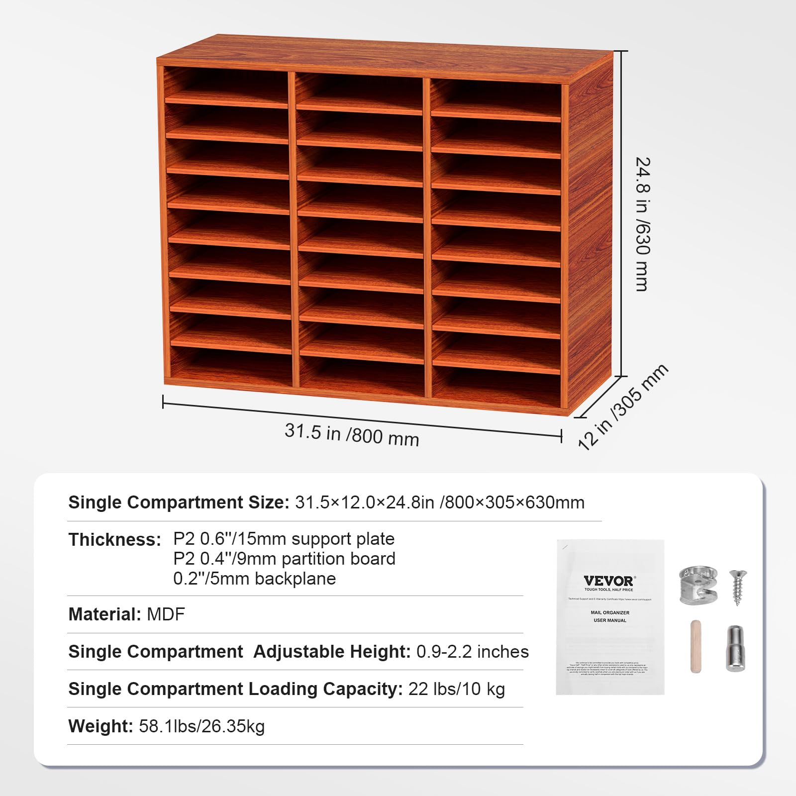 VEVOR Organisateur de Bureau en Bois 80x30,5x63 cm, Trieur de Fichiers à 27 Compartiments, Meuble à Courrier en MDF, Étagères Amovibles, Classeur pour Ranger Papiers Magazines Bureau École, Marron