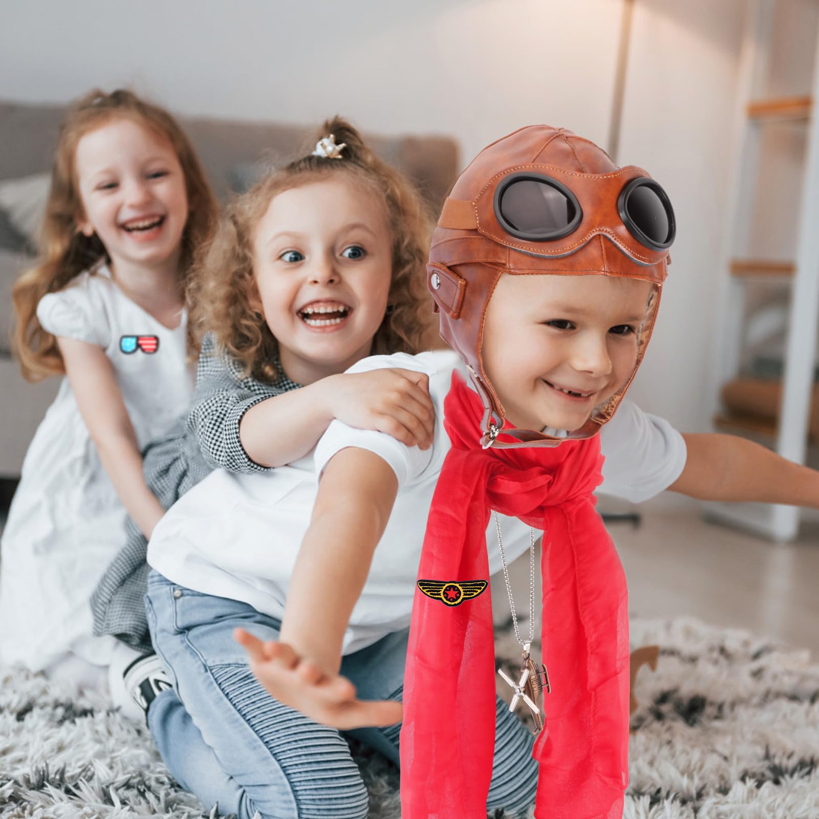 Kyson Costume da aviatore per bambini, in pelle, cappello da aviatore, con occhiali, sciarpa, spilla, collana, per Halloween, feste a tema aviazione