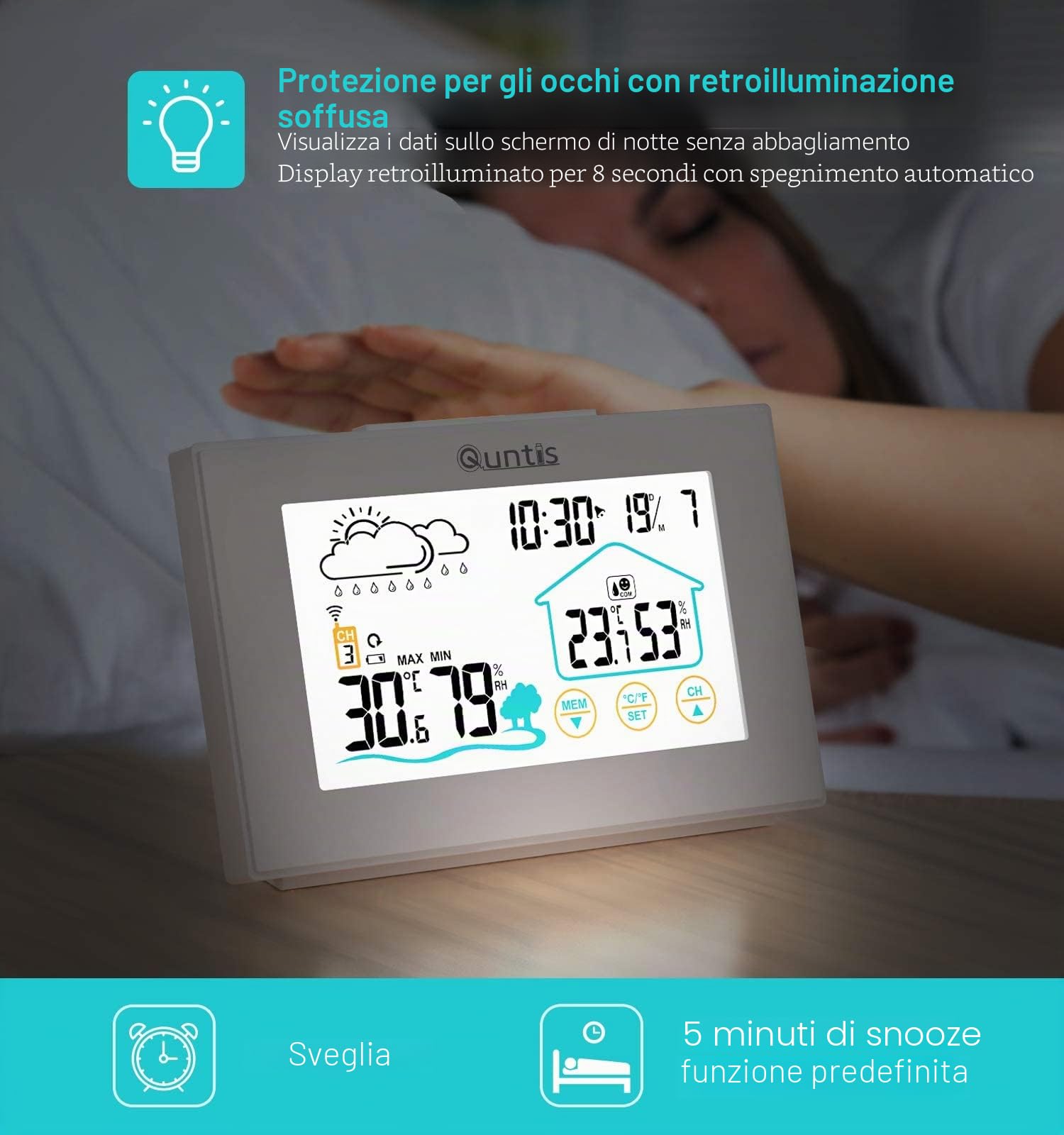 Quntis Stazione meteo radio con 3 sensori esterni, termometro digitale per uso interno ed esterno, stazione meteo multifunzionale con visualizzazione dell'ora, sveglia e previsioni meteo - bianco