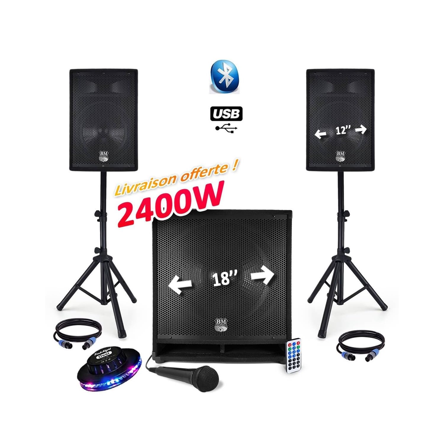 Pack SONORISATION Complet BM Bmsonic 2400W USB/BT MKII - 2 Enceintes 12" + Caisson SUB Actif 18" Animation Mobile Mariage