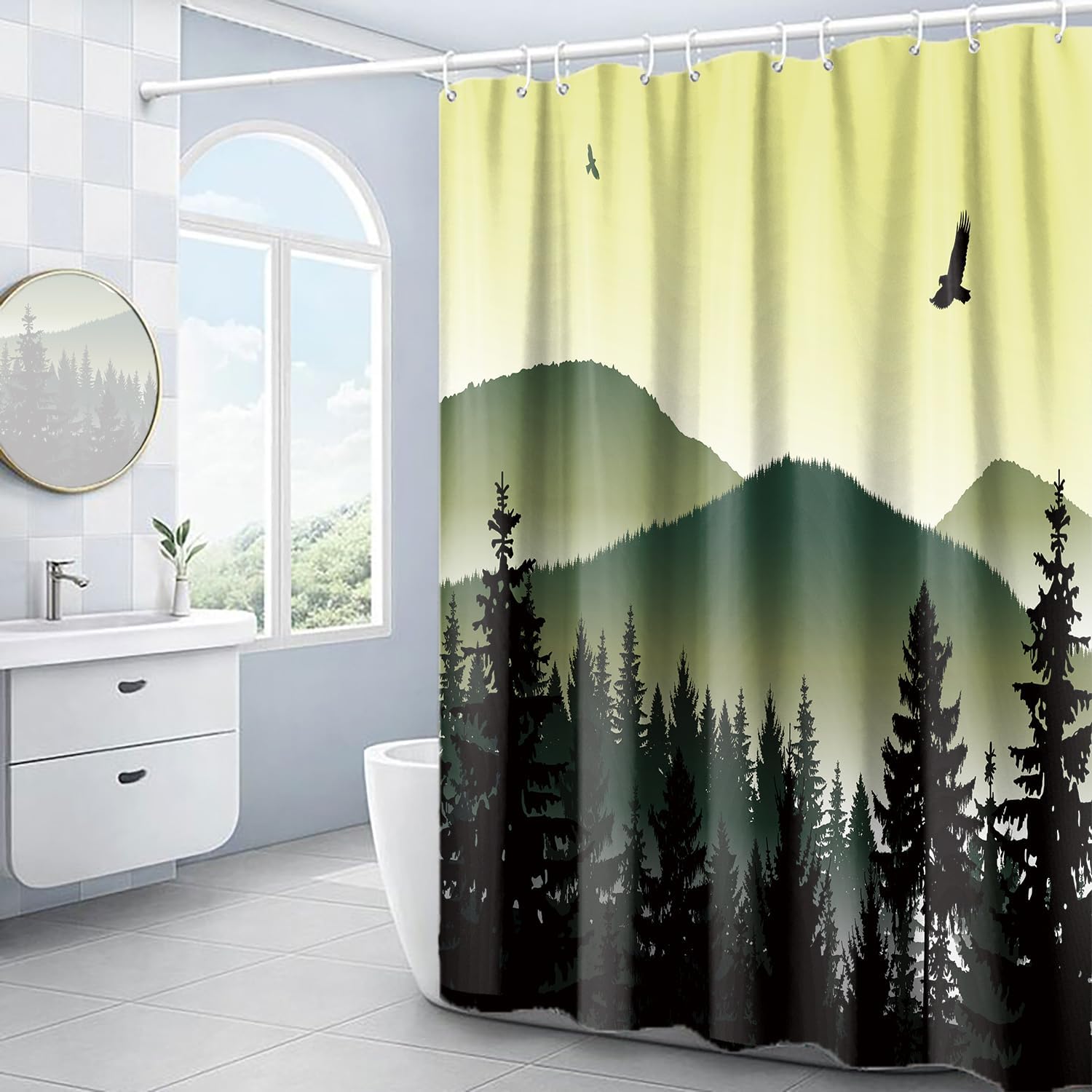 Domoku Green Forest Mountain Shower Curtain Set Ombre Sage