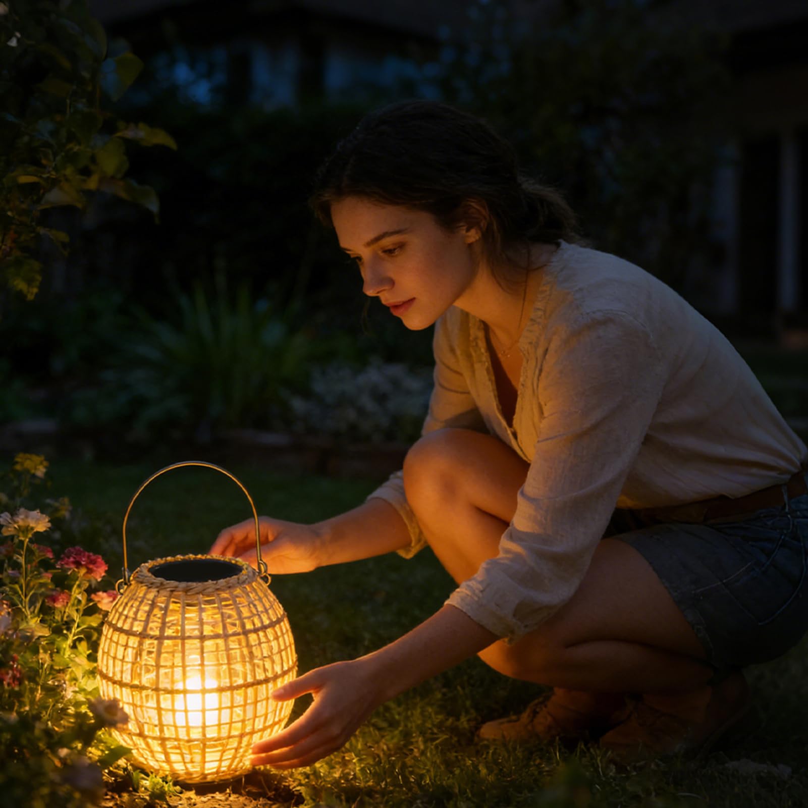 Lanterne in rattan, da esterni in rattan, resistenti alle intemperie, ad energia solare, con elegante , struttura in resina robusta con design unico, illuminazione da giardino per